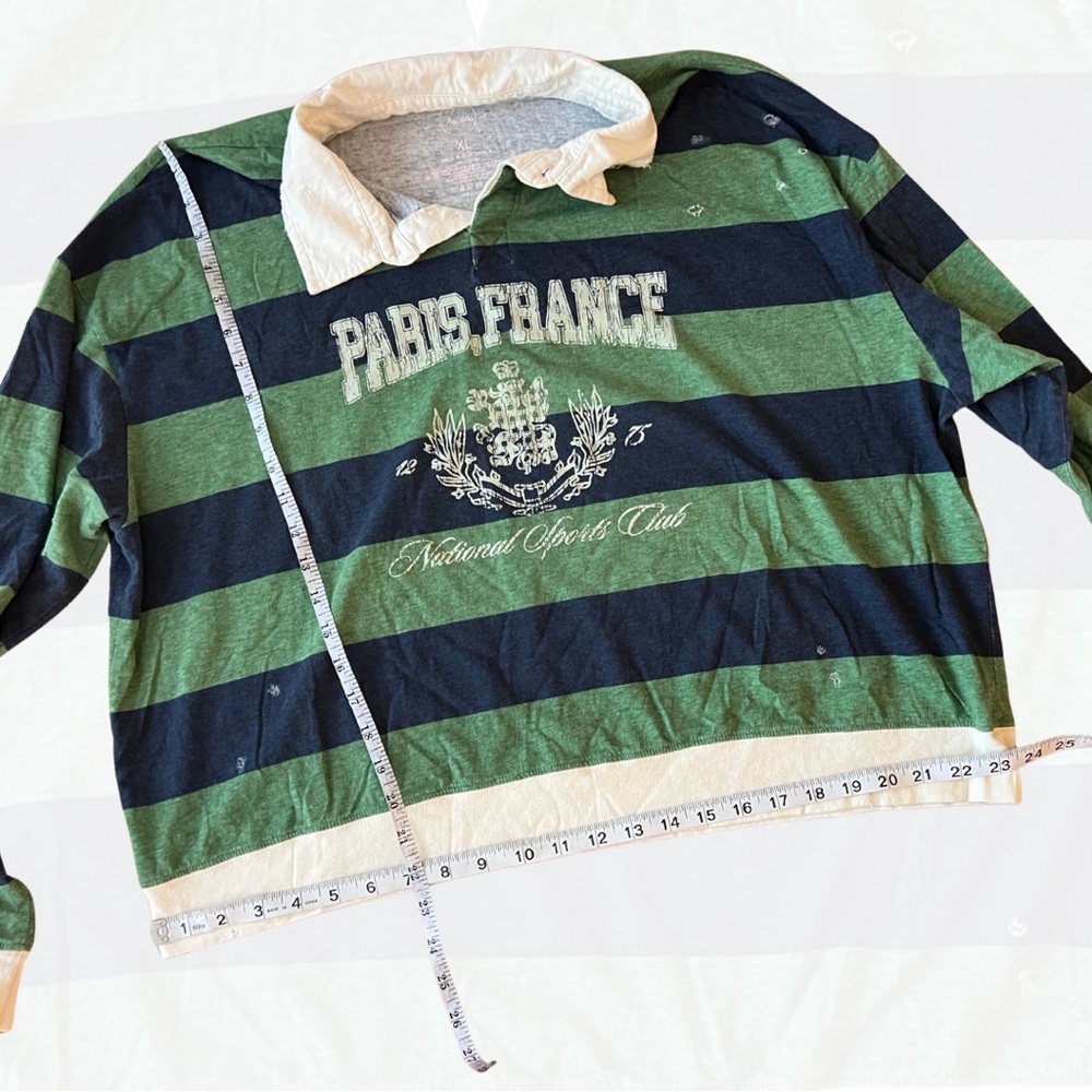 Paris France Women's Striped Tee - Green and Blue - Picture 4 of 6